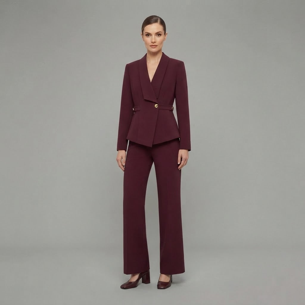 Completo da donna: maglia a maniche lunghe con scollo a V e pantaloni a gamba larga